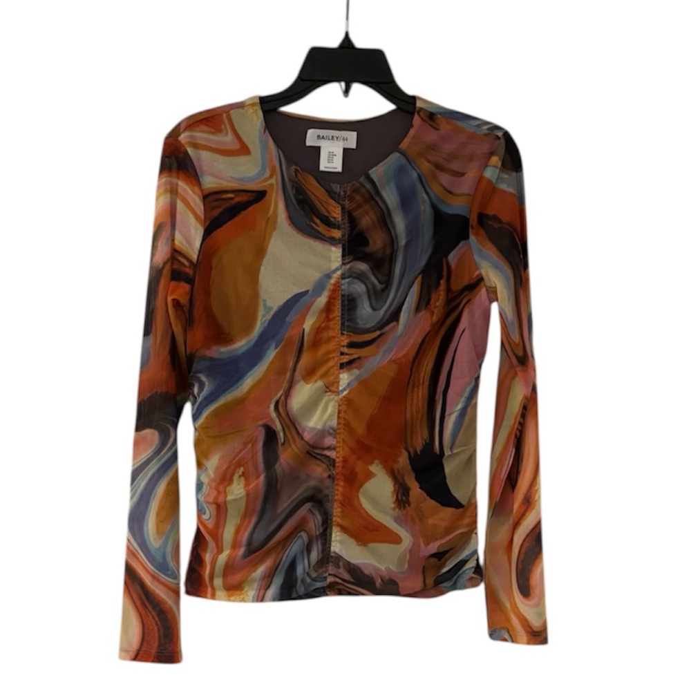 BAILEY 44 Swirl Marble Pattern Long Sleeve Ruched Top